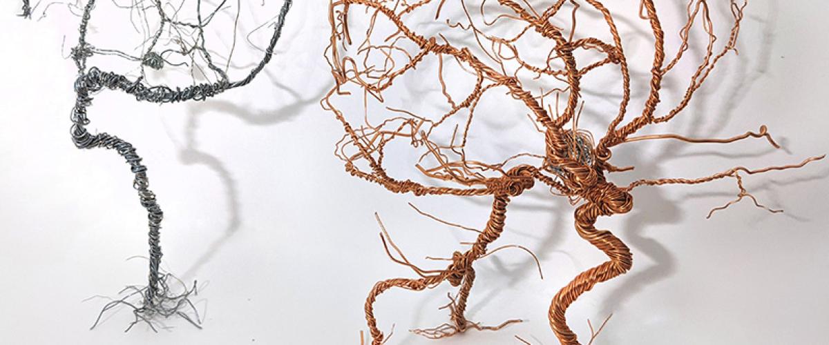 Wire sculptures depicting the vasculature of the brain