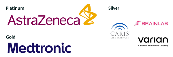 Logos of the event exhibitors, including Astra Zeneca, Medtronic, Brainlab, Caris, and Varian