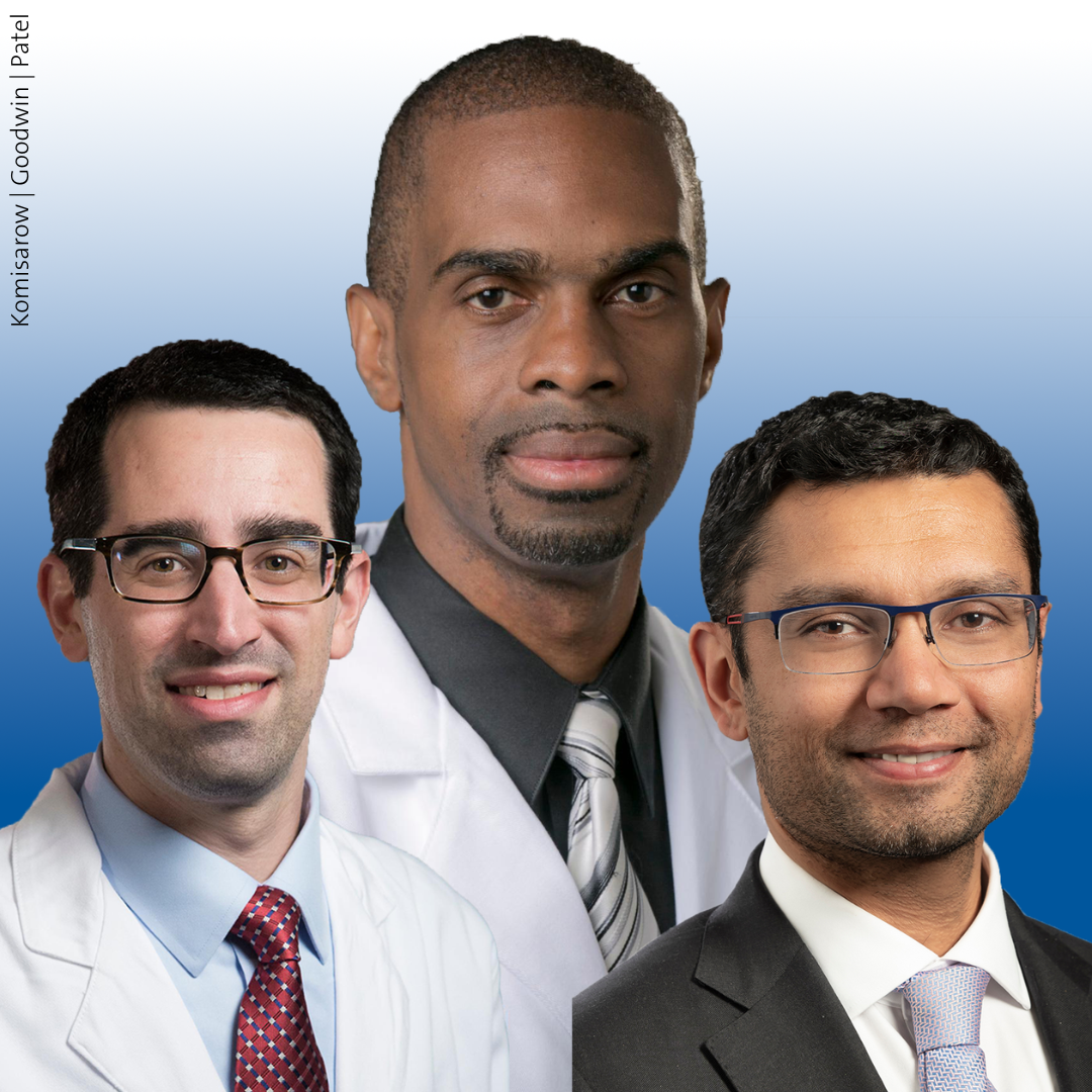 A photo of Jordan Komisarow, MD; Rory Goodwin, MD, PhD; Anoop Patel, MD