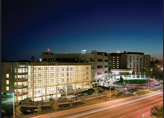 Exterior of Duke University Hospital at night