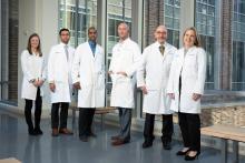 Leadership of the Duke Center for Brain and Spine Metastasis, left to right: Carey Anders, MD; Anoop Patel, MD; Rory Goodwin, MD, PhD; Peter Fecci, MD, PhD; John Kirkpatrick, MD, PhD; and Betsy Fricklas, PA-C, MMSc.