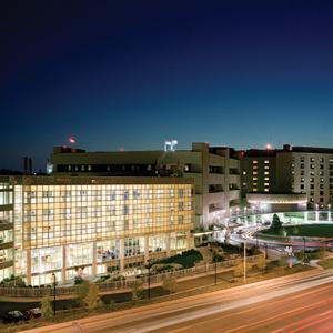 Exterior of Duke University Hospital at night